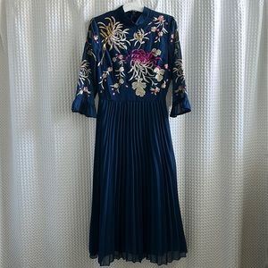 ASOS DESIGN high neck pleated long sleeve skater maxi dress w embroidery in navy